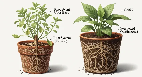 Conséquences d'un pot trop petit (racines compressées) et d'un pot trop grand (pourriture racinaire)