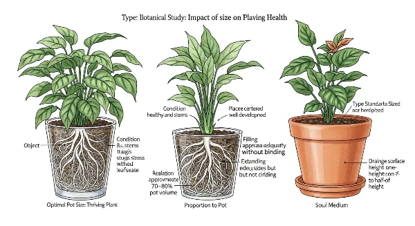 Plante saine dans un pot de bonne taille, contrastant avec des plantes en pots trop petits ou trop grands