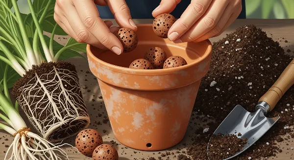 Mains de jardinier plaçant des billes d'argile au fond d'un pot pour améliorer le drainage des plantes.