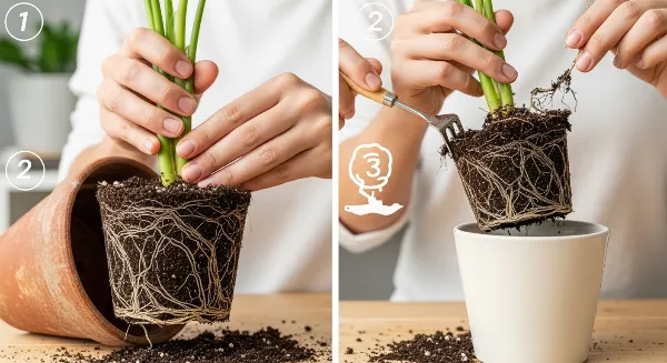 Illustration des étapes clés du rempotage d'une plante d'intérieur