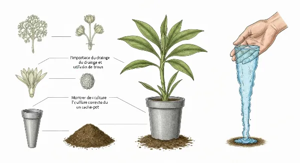Schéma expliquant le drainage efficace d'un pot et l'utilisation correcte d'un cache-pot