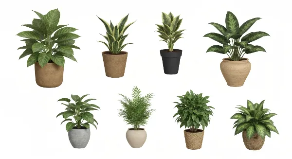 Assortiment de pots décoratifs pour plantes d'intérieur et d'extérieur, avec des plantes vertes épanouies
