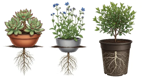 Trois plantes différentes (grasse, vivace, arbuste) dans des pots de tailles et formes adaptées à leurs besoins spécifiques