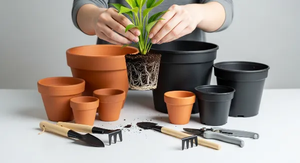 Une personne choisissant entre plusieurs pots de différentes tailles pour rempoter une plante verte