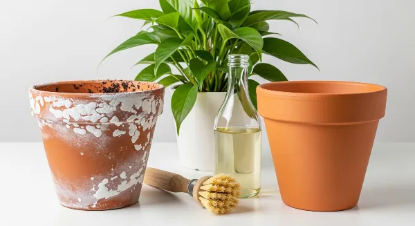 Pots de fleurs en terre cuite sales et propres avec des outils de nettoyage
