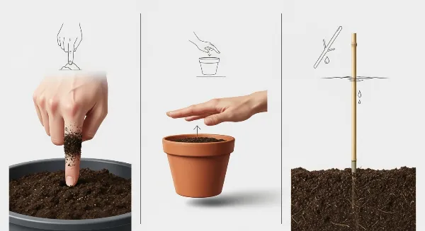 Trois méthodes pour vérifier l'humidité du sol d'une plante : test du doigt, poids du pot, tuteur en bambou.