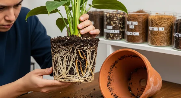 Une personne inspectant les racines d'une plante d'intérieur pour un diagnostic précis.