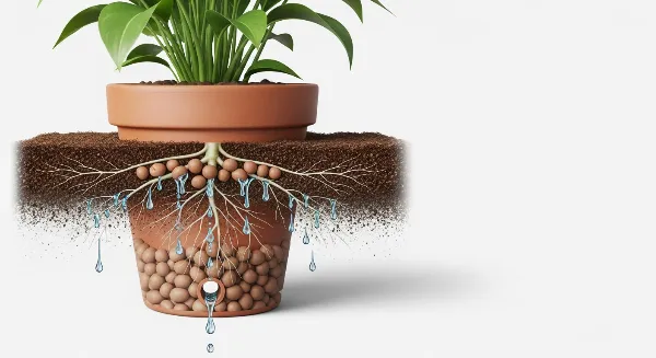 Schéma d'un pot de fleur avec couche de drainage en billes d'argile, terreau et racines saines