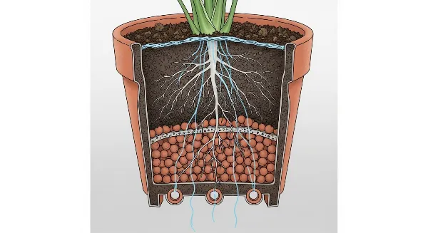 Schéma d'un pot de plante d'intérieur avec une couche de drainage et des racines saines.
