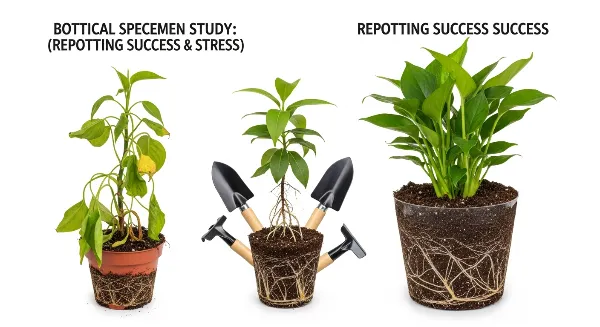 Comparaison entre une plante d'intérieur mal rempotée et une plante saine après un rempotage réussi.