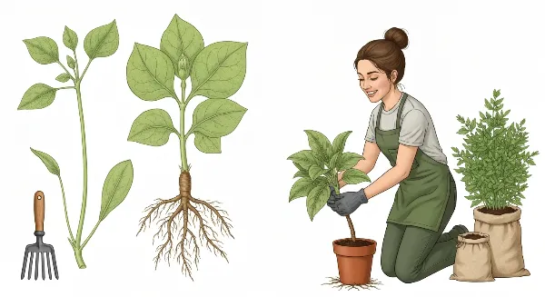 Femme rempotant une plante d'intérieur, racines visibles, nouveau pot et terreau