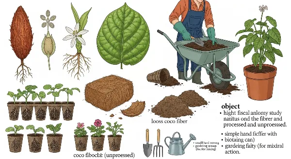 Jardinier mélangeant fibre de coco et terreau pour des semis