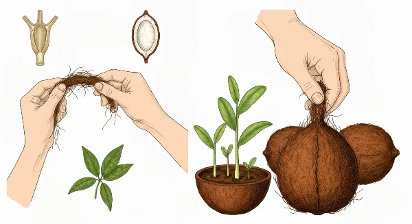 Mains manipulant de la fibre de coco dans un pot de culture avec des jeunes pousses vertes