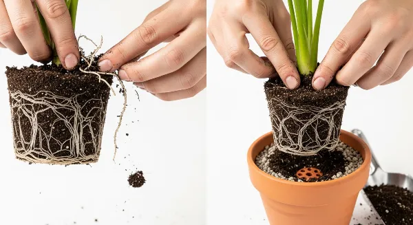 Illustration des étapes clés pour rempoter une plante, de la préparation de la motte à la mise en pot.