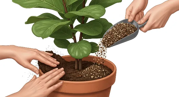 Illustration de la technique de surfaçage pour une grande plante d'intérieur, renouvelant le terreau en surface.