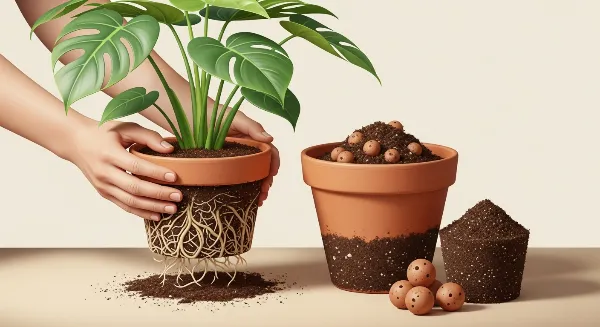 Une personne rempotant une plante d'intérieur, avec un nouveau pot et du terreau à portée de main.