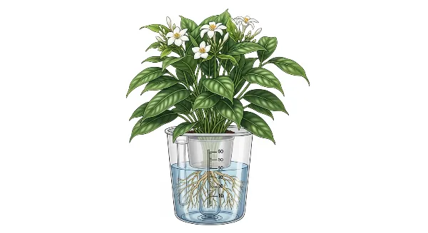 Pot à réserve d'eau avec plante verte saine et jauge de niveau d'eau visible