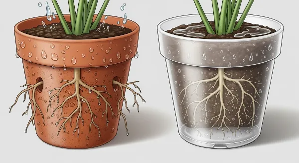 Illustration de la porosité d'un pot en terre cuite et de l'imperméabilité d'un pot en plastique.