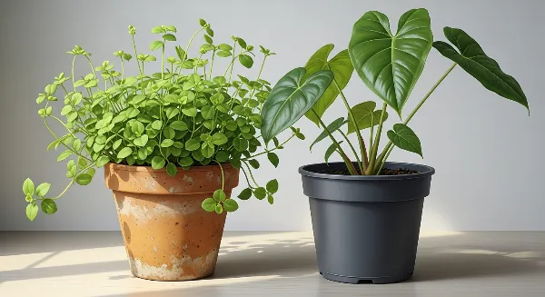 Comparaison visuelle d'un pot en terre cuite et d'un pot en plastique avec des plantes vertes.