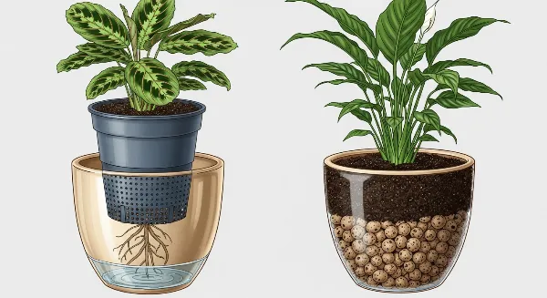 Cache-pot avec billes d'argile et pot percé pour un drainage optimal des plantes d'intérieur.