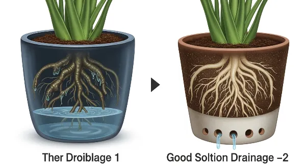 Pot sans trou avec racines pourries et pot percé avec racines saines, symbolisant l'importance du drainage.