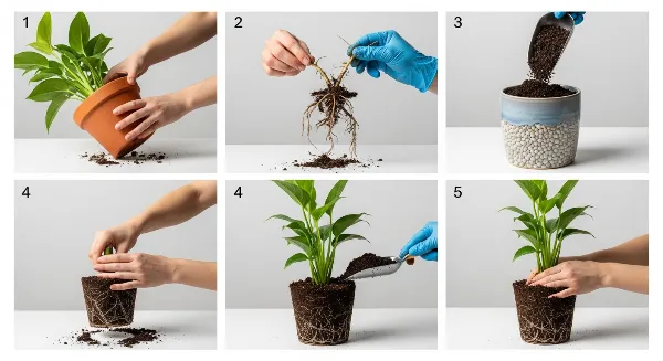 Illustration des étapes de rempotage d'une plante d'intérieur : dépoter, inspecter les racines, et replanter dans un pot avec drainage.