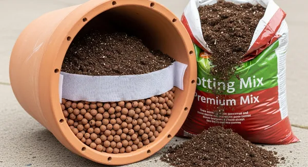 Composition des éléments clés pour un rempotage réussi : terreau neuf, billes d'argile, feutre de drainage et pot perforé.