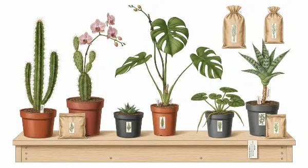 Assortiment de plantes d'intérieur (cactus, orchidée, Monstera) avec leurs sacs de terreau spécialisé