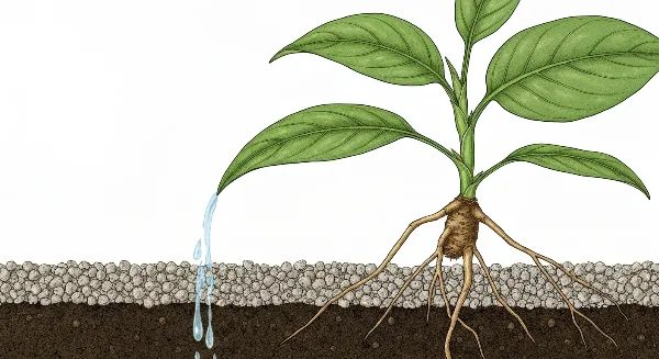 Schéma de coupe d'un pot de plante montrant les couches de billes d'argile, le terreau aéré et les racines pour un bon drainage