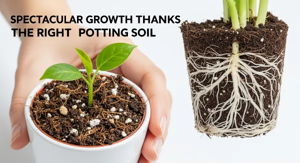 Main tenant une jeune plante verte dans un pot, avec différents types de terreau et des racines visibles