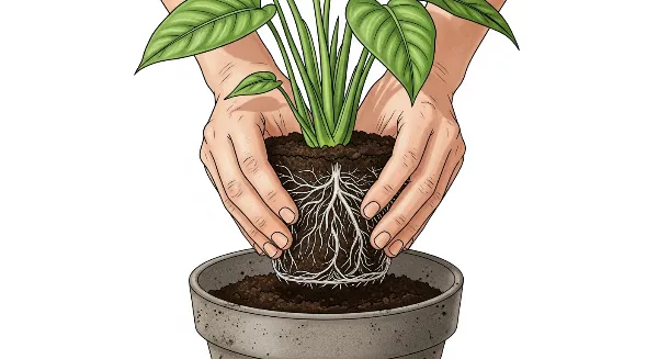 Étapes de rempotage d'une plante : extraction douce de l'ancien pot et placement dans un nouveau pot avec terreau.