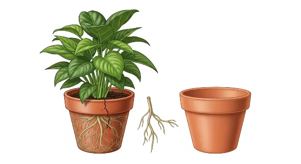 Racines saines sortant d'un pot de plante d'intérieur, avec un nouveau pot plus grand à côté, symbolisant le rempotage.