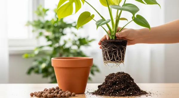 Plante verte en pleine santé dans un nouveau pot après un rempotage réussi, sans feuilles tombantes.