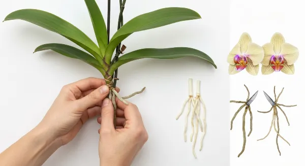 Taille des racines d'orchidée : identification et coupe des racines mortes avec sécateur