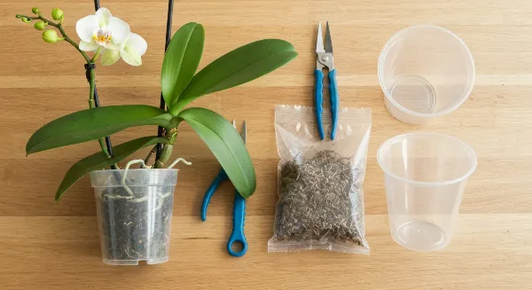 Orchidée saine prête à être rempotée avec substrat d'écorces et pot transparent