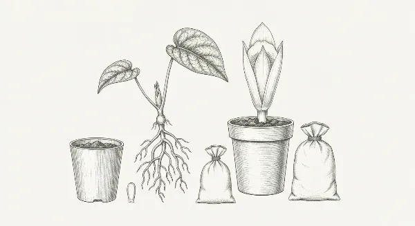 Plante d'intérieur dans un petit pot, prête à être rempotée dans un pot plus grand avec du terreau neuf.