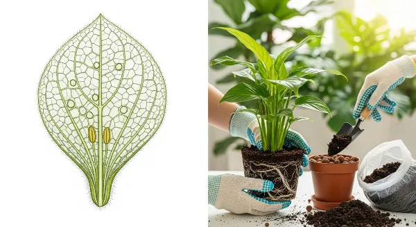 Une personne rempotant une plante d'intérieur en hiver, avec des racines saines et un nouveau terreau.