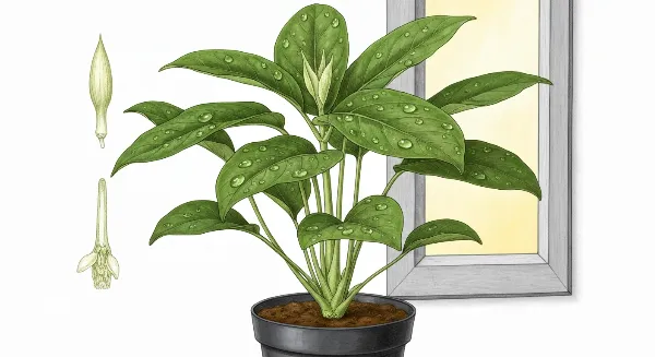 Plante verte fraîchement rempotée et arrosée, placée à la lumière douce