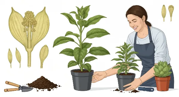 Personne rempotant une plante verte, montrant un pot plus grand et du terreau frais