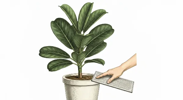 Surfaçage d'un grand ficus lyrata en pot, avec renouvellement du terreau superficiel