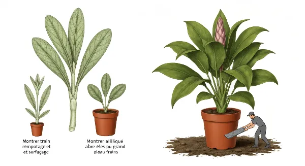 Comparaison visuelle entre le rempotage d'une petite plante et le surfaçage d'une grande plante