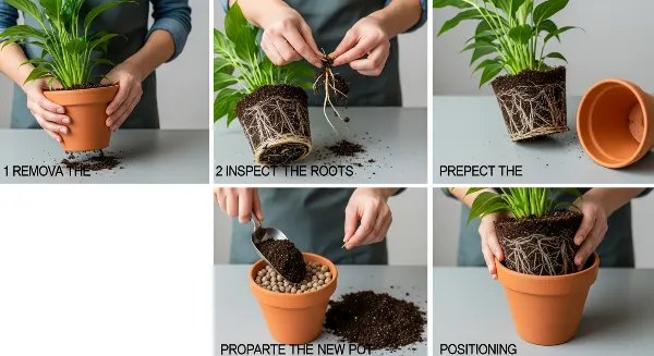 Illustration des étapes pour rempoter une plante : dépoter, vérifier les racines, ajouter drainage et terreau.