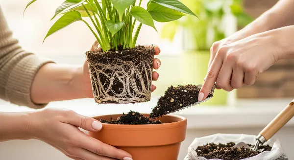 Une plante d'intérieur verte en pleine santé est rempotée dans un pot plus grand avec du terreau frais au printemps.