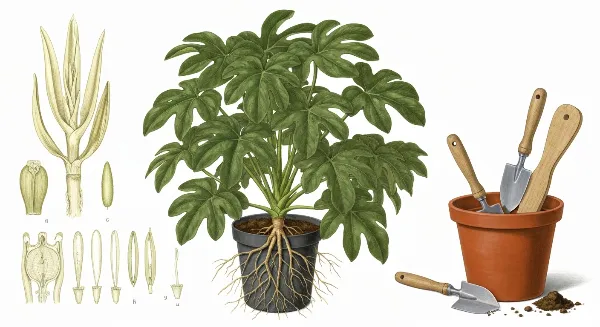 Grande plante d'intérieur avec racines apparentes, prête à être rempotée dans un pot plus grand
