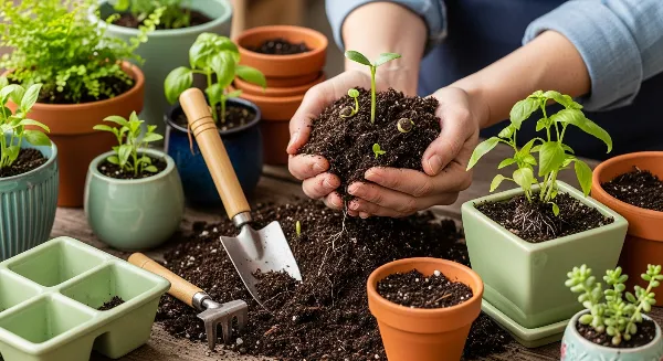 Mains manipulant du terreau usagé mélangé avec du compost pour le recycler