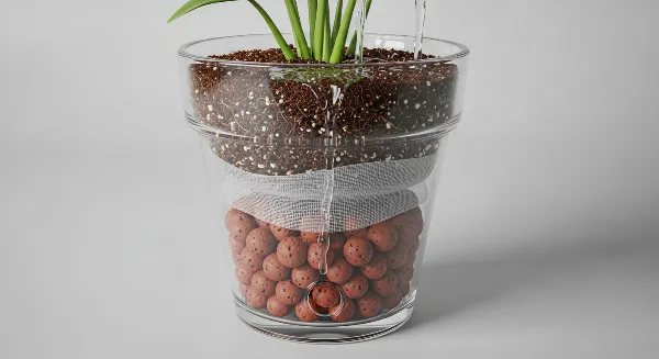 Illustration des couches de drainage dans un pot de fleurs avec billes d'argile et géotextile