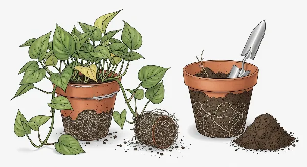 Plante d'intérieur avec des racines sortant du pot, signe qu'elle a besoin d'être rempotée