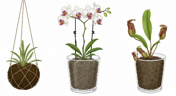Kokedama, orchidée et plante carnivore utilisant la sphaigne comme substrat principal.