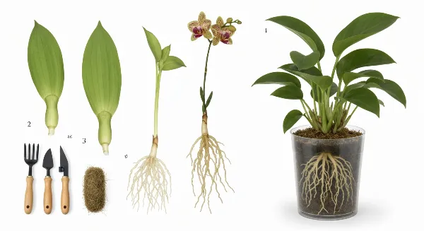 Boutures de plantes enracinées dans la sphaigne et plante rempotée, illustrant l'efficacité du substrat.