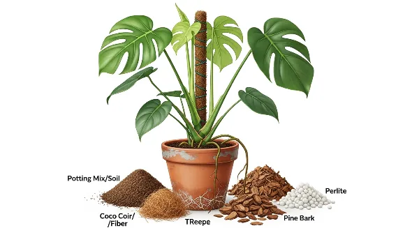 Monstera Deliciosa en pleine santé dans un pot, avec les ingrédients d'un substrat idéal pour Aracées à ses pieds.